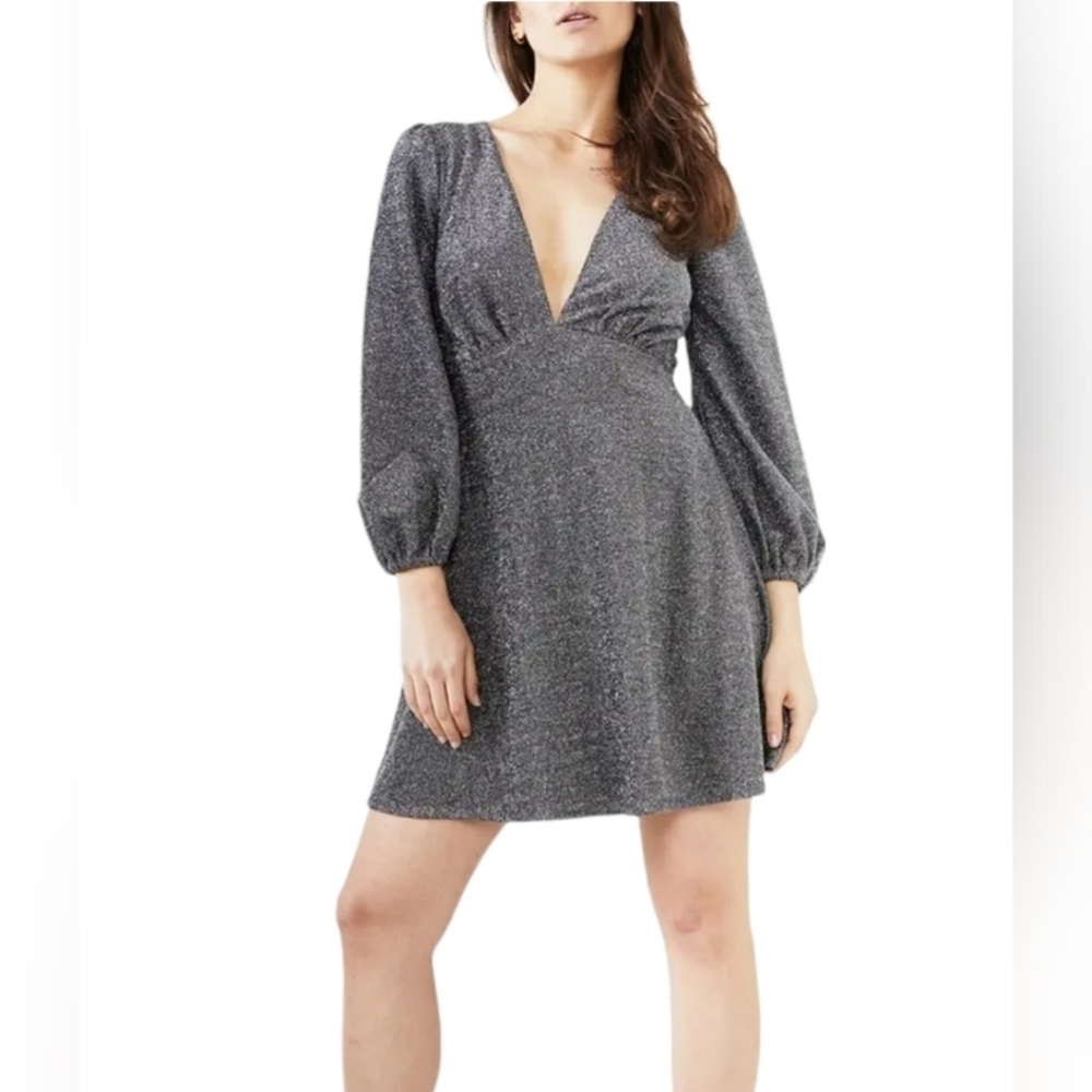 Bardot Marlena Silver Metallic Shimmer Long Balloon Sleeve Babydoll Dress